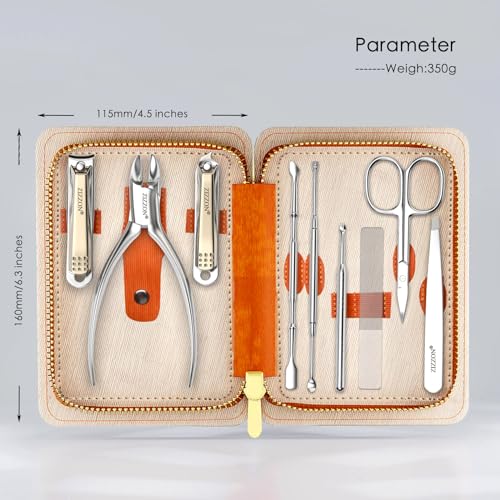 ZIZZON Manicure Set Professional Stainless Steel Toenail and Fingernail Clippers Set 9 in1 Pedicure and Grooming kit with Travel Case (Orange) - color: Orange