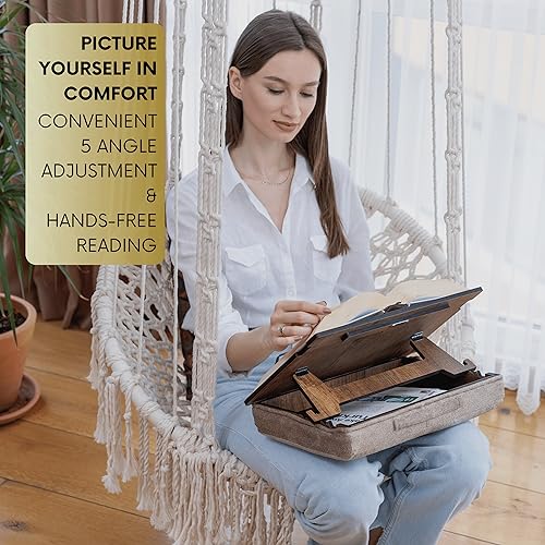 Vigo Wood Lap Reading Desk with Cushion, Adjustable Incline Book Stand with Storage Compartment (Walnut) - color: Walnut