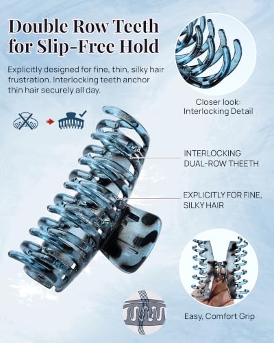 Mesovor 4 Pack 3.5" Double Row Teeth Claw Clips for Thin Fine Hair Non-Slip - color: Black, Blue Polished