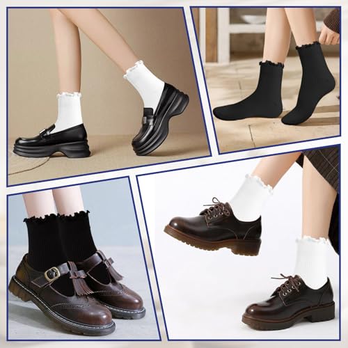 Jeffbaubl 6 Pairs Womens Ruffle Socks, Turn-Cuff Frilly Sock, Cute Ruffle Ankle Socks, Soft Breathable Lightweight(3 Black + 3 White)