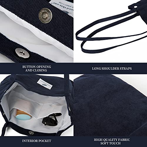 Corduroy Tote Bag Cute Tote Bags for Women Shoulder Bag with Inner Pocket for Work Beach Travel and Shopping Grocery - style: Navy Bue