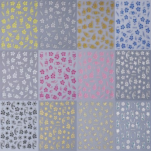Flower Nail Stickers for Nail Art 12PCS Hibiscus Flowers Nail Decals 3D Self-Adhesive Tropical Nail Art Designs Pink Gold Petals Butterfly Sliders Summer Manicure Decoration DIY Supplies for Women - style: Hibiscus Flowers