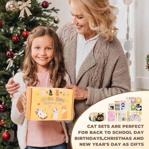 Ulema 60Pcs Cute Cat Stationery Set Birthday Gifts for Boys Girls Back to School and Classroom Rewards Office Supplies with Cat BallPoint Pen, Pencils, Erasers, Sticky Notes etc. - style: cat