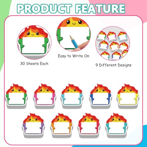 9 Pack Dumpster Fire Sticky Notes, Cute Shaped Self-Adhesive Notepads, Funny Memo Pads, Desk Accessories & Gifts for Coworkers, Employee, Office, School, Work, Appreciation Supplies - color: Dumpster Fire D