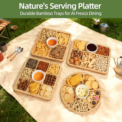 Charcuterie Board with Lid, Bamboo 6‑Compartment Portable Serving Platter - color: 6 Compartments-rectangular