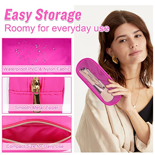 Nylon Small Clear Makeup Bag Slim Pencil Pouch, Cute Pencil Case Makeup Bag Preppy Cosmetic Zipper Pouch for Purse,Travel PVC Toiletry Bag Clutch Coin Pouch Makeup Organizer for Women Girls(Hot Pink) - color: Hot Pink-Clear, size: Slim