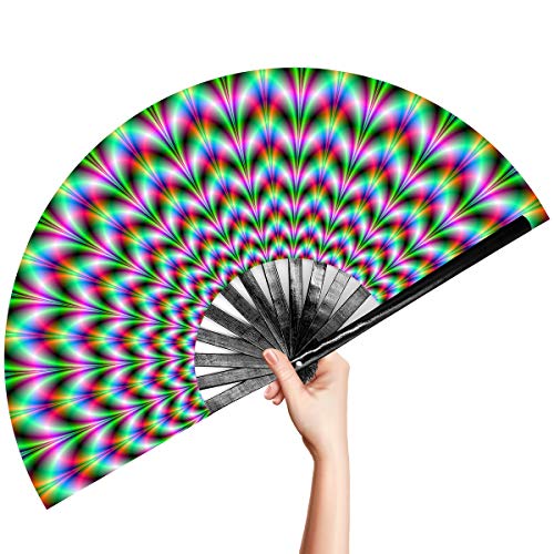 OMyTea Large Rave Clack Folding Hand Fan for Men/Women - Chinese Japanese Bamboo Handheld Fan - for EDM, Music Festival, Club, Event, Party, Dance, Performance, Decoration, Gift (Trippy Waves) - color: Trippy Waves