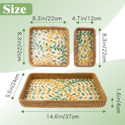 3 Pcs Rectangle Rattan Mother of Pearl Inlay Wicker Decorative Serving Tray - color: Yellow Green Wicker