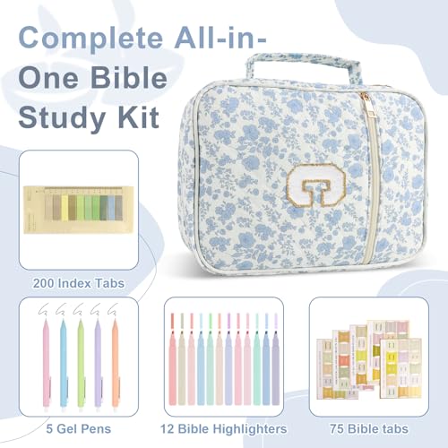 Personalized Initial Bible Cover Case for Women Girls Kid - Large Quilted Bible Case with Handle,Chenille Letter Bag Study Supplies,Christmas Gifts for Christians Birthday Graduation(Blue Flower-C) - color: Blue Flower, size: letter-C
