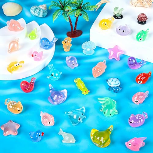 120PCS Luminous Mini Ocean Resin Animals 20 Style Glow in The Dark Tiny Sea Animal Figurines Miniature Plastic Animals Aquarium Decoration for DIY Crafts Fish Tank Potted Fairy Garden Dollhouse - color: 120pcs-ocean