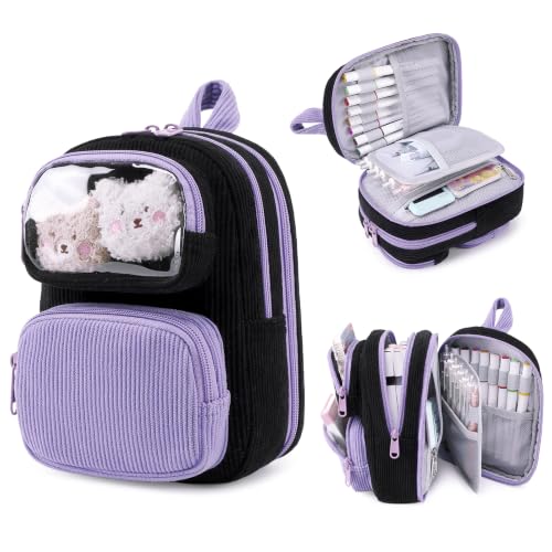 Cute Pencil Case, Soft Corduroy Pencil Pouch, Large Capacity Pencil Bag, Mini Backpack Aesthetic Pen Organizer for Stationery for Students Teen Girls Women, Black Match Purple - color: Black & Purple