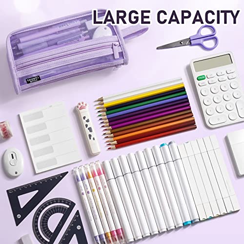 Four Candies Grid Mesh Pencil Case, Clear Double-layer with Handle (Purple) - color: Purple