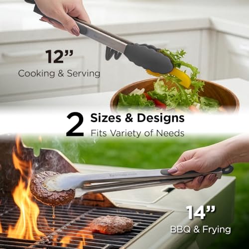 Kitchen Mama DuoEssentials Cooking Tongs Set, Metal Gray - color: Metal Gray