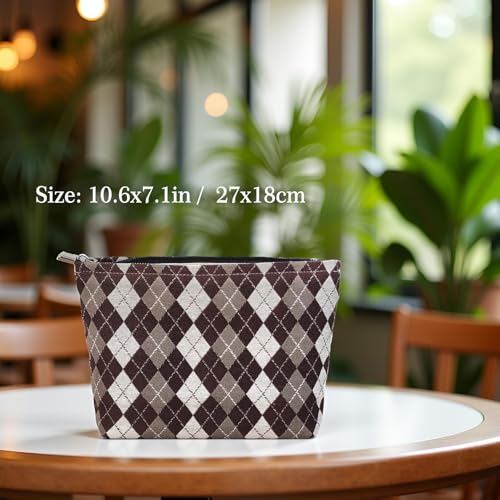 STARDW Checkered Makeup Bag Cosmetic Travel Bag, Toiletry Bag for Women - color: Argyle Brown
