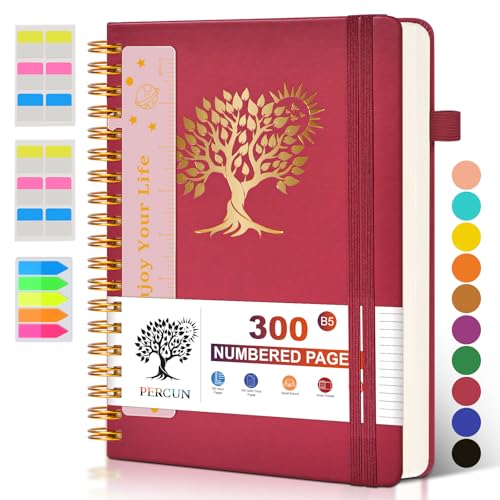 PERCUN B5 Spiral Notebook 300 Numbered Lined Pages Hardcover Journal 7"x10" - color: Red, size: B5 size (7in x 10in)