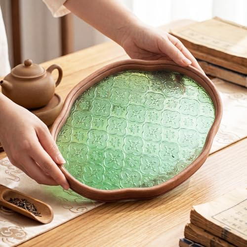 Glass Serving Tray with the Crabapple Pattern and Walnut Rectangular Serving Platter, Vintage Floral Edge Decorative Countertop Organizer for Vanity, Coffee Table, Jewelry Display(Green) - color: Green