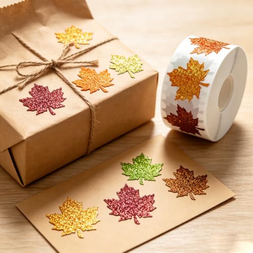 Glitter Maple Leaf Stickers Roll, Autumn Self Adhesive Decorative Labels - style: Maple Leaf