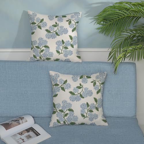 Spring Pillow Covers 18x18 Pack of 2 Green Blue Hydrangea Floral Throw Pillow Covers Outdoor Summer Seasonal Flower Decor Pillowcase Farmhouse Decorative Linen Cushion Case for Sofa Couch - color: Blue Hydrangea Floral, size: 18" x 18" (Pack of 2)