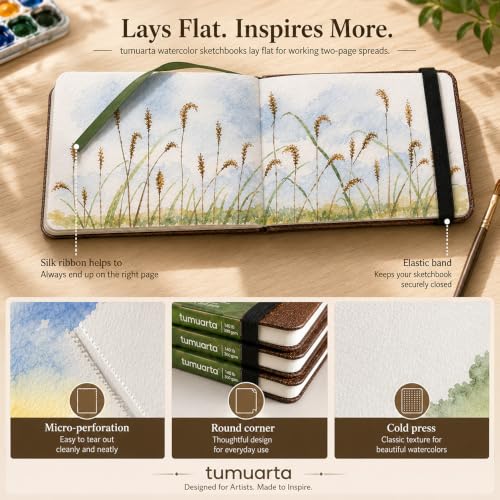 tumuarta Watercolor Journal, 8.25x5.5, 140 LB, 300 GSM, Cotton Paper, Cold Press, 24 Sheets, 48 Pages, Watercolor Paper Sketchbooks for Use As Travel Notebook and Mixed Media Pad - color: Green, size: 8.25x5.5"