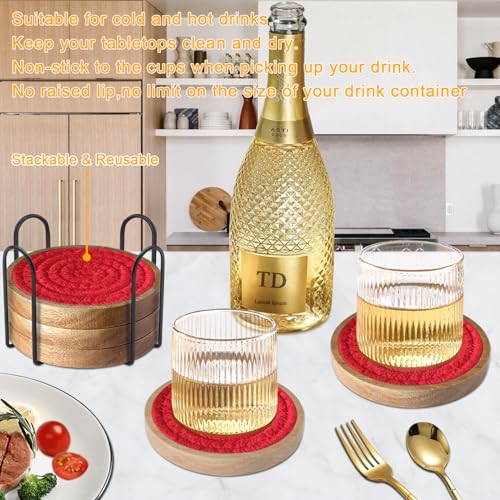 Wood Coasters for Drinks, Eykao Absorbent Coaster Sets of 5, Woven Drink Coasters for Coffee Table, Housewarming Gift for Farmhouse Home Decor,4 inches - color: Red (With Holder)