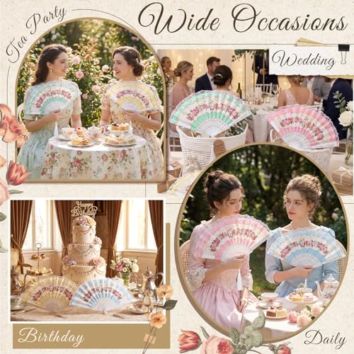 Ecally 12 Pcs Tea Party Favor Floral Folding Hand Fans Gift for Women, Vintage Lace Flower Hand Fans Bulk for Bridal Shower, Wedding, Birthday, Baby Shower, Garden Party Decorations (4 Colors) - color: 4 Colors, size: Tea Flower