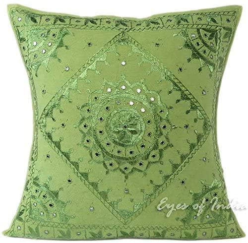 Indian Mirror Embroidered Decorative Sofa Throw Pillow Cushion Cover Boho Bohemia (Color : Light Green Size -24 X 24) - color: Light Green, size: 24" x 24" (Pack of 1)