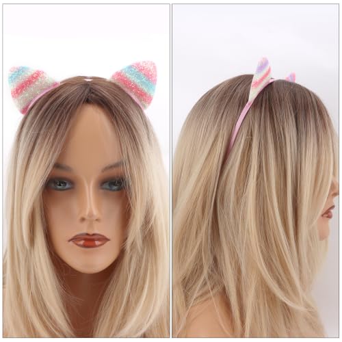 Cat Ears Headband Rainbow Glittery Non Shed Sparkly Pastel Kitty Ears - color: Rainbow Glittery