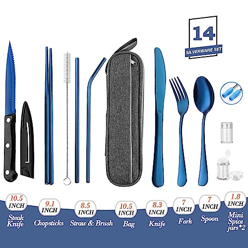 Portable Reusable Travel Utensils Silverware With Case, Camping Cutlery Set, Chopsticks and Straw, Flatware With Case, Stainless Steel Top (Blue) - color: Blue