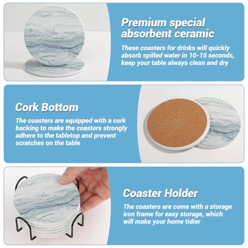 Acejoz Drink Coasters with Holder for Coffee Table, Absorbent Coasters Set of 6, Marble Style Ceramic Coaster for Wooden Table, Suitable for Kinds of Cups, Home Decor, 4 Inches(Blue) - color: Blue Marble