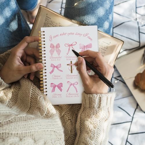 Bible Journal for Women, Christian Prayer Journal Pink Notebook Gifts for Teen Girls Kids, Bible Study Supplies, Coquette Bows Cute Church Faith Journaling Hardcover Spiral Notebook 5.5x8.3 - color: Pink Bow - I am who you say I am