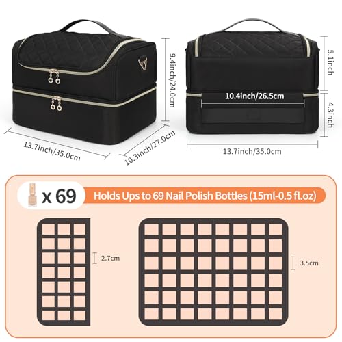 CUBETASTIC Nail Polish Organizer, Nail Tech Organizers and Storage Case Holds 69 Bottles Nail Polish & Nail Lamp, Travel Nail Supplies bag for Nail Tech Kit & Manicure Tools, Black - color: Black, size: 69 Slots