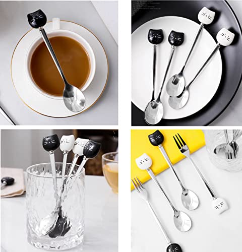 Cute Cat Coffee Spoon and Fork Set, Ceramic Stainless Steel Cat Dessert spoon Drink Spoons Fruit Fork(5.7 inch, White&Black(Spoon+Fork Set A))
