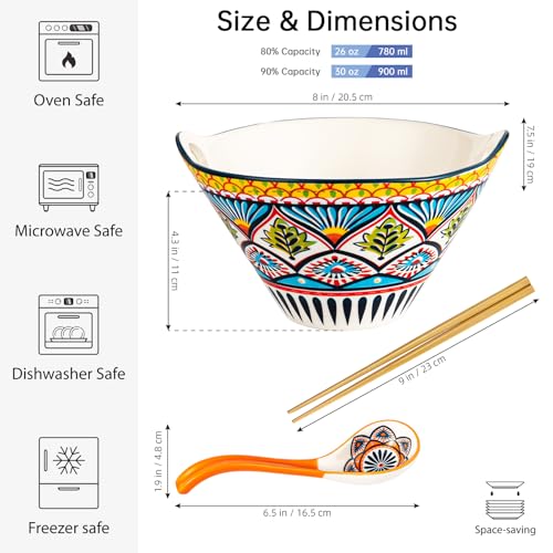 HENXFEN LEAD Boho Ramen & Pho Bowls Set of 2, 30 oz Ceramic Noodle Bowls