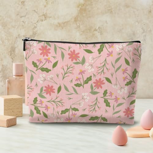 Boho Makeup Bag, Pastel Wildflower Cosmetic Bag Makeup Organizer Pouch - color: PinkFlower