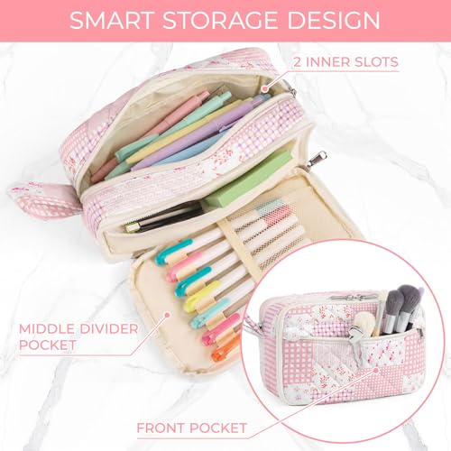 WOBAGMEN 62PCS Aesthetic School Supplies with Quilted Pencil Case, Pastel Highlighters, Gel Pens Mechanical Pencils Set, Cute Back to School Supplies, College Essentials (Pink Patchwork, M) - color: Pink Patchwork