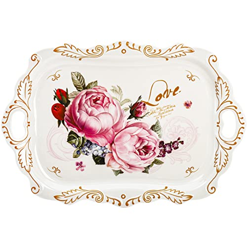 DEAYOU 3-Pack Melamine Serving Tray, Stackable Food Tray with Handles for Eating, Unbreakable Large Serving Platter with Floral Print for Gift, Party, Decor, Home, Restaurant, 16"L x 11"W, Rectangle