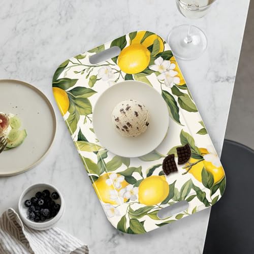 Serving Trays with Handles, 14.5 x 9.8 inch Rectangular Plastic Tray for Restaurant, Kitchen, Lemon and Leaves - color: Lemon and Lemon