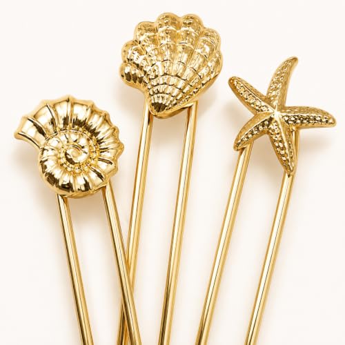 3PCS Ocean U Shaped Hair Pins for Women, Gold Shell Starfish Conch Bun Pins, Coastal Beach Hair Accessories, French Twist Hair Forks for Thick Thin Hair Summer Vacation - color: Gold