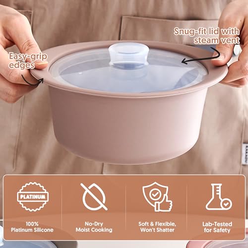 27oz Platinum Silicone Microwave Steamer Pot with Handle & Lid - Korean 100% Food-Grade Steamer Bowl, Heat-Resistant Cooker with Steam Holes, Easy Clean, Dishwasher Safe, Taupe Brown - color: Taupe Brown, size: 27oz