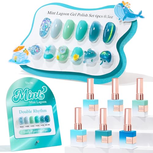Double Rhythm 6 Pcs 15 ML Gel Polish Set Same Color Same Bottle Soak Off Cat Eye Glitter Gel Polish Kit Nail Art Manicure Salon DIY at Home for Women (Teal Mint Green-T6-96) - color: Mint Lagoon