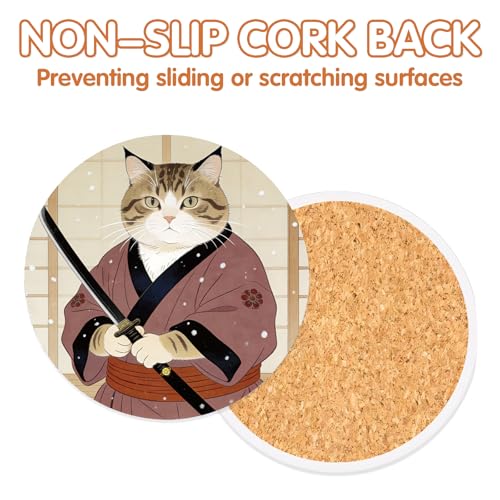Funny Cat Coasters Set of 6, Japanese‌ Anime Cat Round Ceramic Drink Coasters with Holder Cork Backing Absorbent Coffee Table Protection, Christmas House Warming Gifts - color: Japanese Cat
