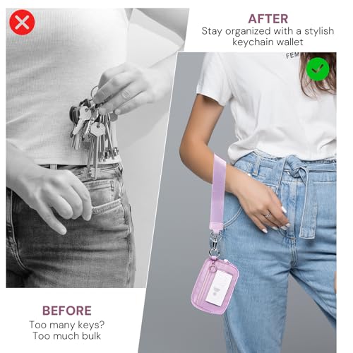 Small Wristlet Wallets for Women with Clear ID Window, Keychain Coin Purse - color: Light Purple