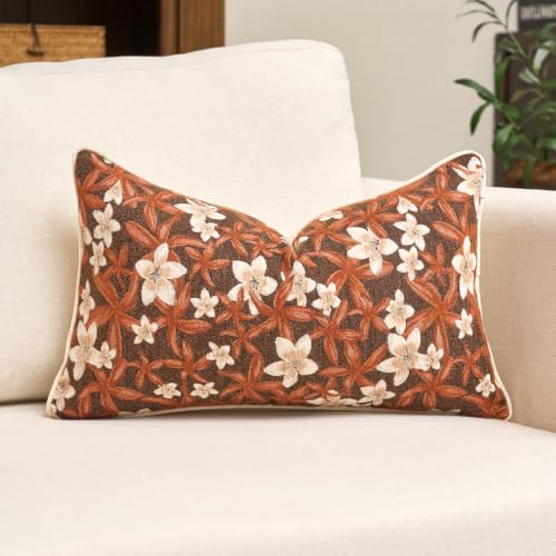 Aeckself Neutral Floral Pillow Cover 12 x 20 Inch, Vintage Chenille Rectangle Throw Pillow Cover Soft Home Decorative Farmhouse Accent Couch Pillow Cover for Living Room Bedroom, Orange - color: Orange, size: 20" x 12" (Pack of 1)