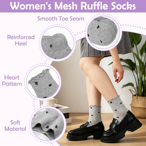 Ruffle Bow Polka Dot Heart Cotton Crew Socks for Womens - color: Black, Pink, Purple,white
