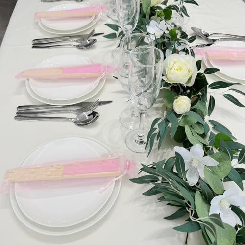 24pcs Imitated Silk Hand Fan Imitated Silk Fabric Bamboo Handheld Folded Fan Bridal Dancing Props Church Wedding Party Favors with Organza Bags (Pink) - color: Pink