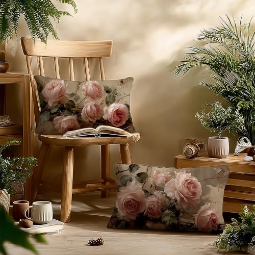 Vintage Pink Rose Floral Small Decorative Lumbar 12x20 Pillow Covers Decor,Pink Flower Rustic Cottagecore Decorative Throw Pillow Cover for Home Bedroom Room Decor Double-Sided Set of 2 - color: A-rose-6, size: 20" x 12" (Pack of 1)