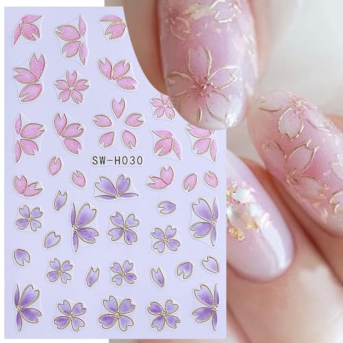 3D Flower Nail Art Stickers Decals Luxury Flower Petal Stickers with Tweezers 12 PCS Self Adhesive Pink Purple Blue Floral Gold Edge Decals Cherry Blossom Lily Summer DIY Manicure Nail Art Decoration - style: Flower Golden Edge Styles