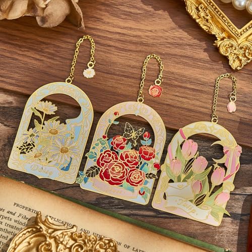 3 PCS Floral Metal Bookmark, Hand-Drawn Pretty Book Marks for Reading Women, Rose, Tulip, Daisy Book Lovers Gifts, - style: Floral Bookmarks