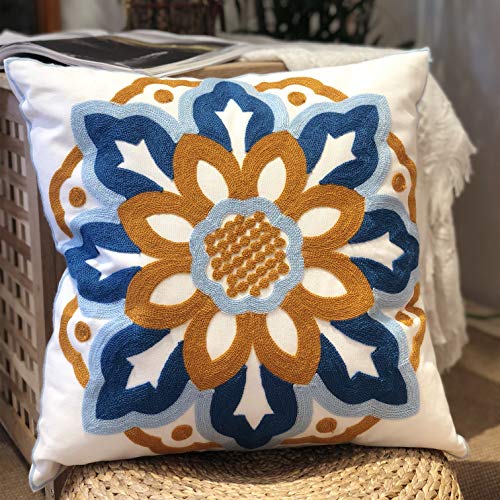 Sunflower Embroidery Pillow Cover 18x18 (1 Pack) - Solo 3D Floral Accent for Armchair & Bed, Cute Spring Summer Decor Gift, Breathable Cotton Canvas, Orange, No Insert - color: Sunflower