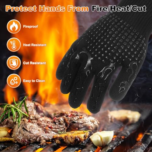 M METERXITY 1-Pair BBQ Gloves, 1472°F Heat Resistant Non-Slip Grilling Oven Gloves for Barbecue/Baking/Cooking, with Storage Bag [Flame Pattern L, Black] - color: Black